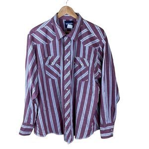 Vintage Wrangler Western Wear Blue Red Striped Pearl Snap Shirt